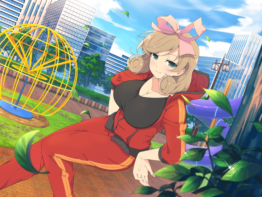 black_shirt blonde_hair blue_sky blush bow breasts building bush city cityscape cleavage cloud cloudy_sky day female flower green_eyes hairbow hands_on_own_hips haruka_(senran_kagura) highres hood hoodie jungle_gym lamppost large_breasts leaf looking_at_viewer official_art outdoors pavement pink_bow plant playground red_hoodie red_track_suit senran_kagura senran_kagura_new_link shirt short_hair sky slide smile swept_bangs tree waifu2x window yaegashi_nan