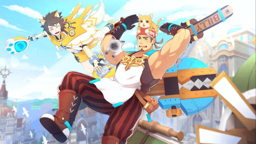 2boys animal_ears animal_on_head armpits bad_source bandana bara bare_arms bare_shoulders billy_(gyee) black_hair blue_eyes blue_sky brown_hair cat_ears cat_on_head cat_on_person character_request facial_hair feline foot_out_of_frame goatee gyee highres huge_weapon kitty_(gyee) large_pectorals male_focus multiple_boys muscular muscular_male official_art official_wallpaper on_head otoko_no_ko outdoors overalls oversized_object pectoral_cleavage pectorals short_hair sidepec skateboard sky smile weapon wrench zifu