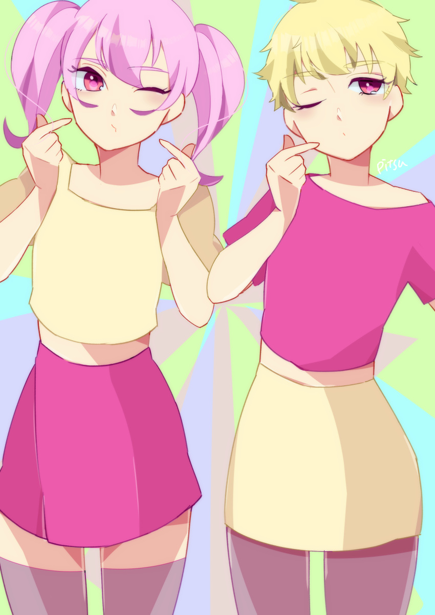 2girls absurdres black_legwear blonde_hair commentary_request hanatsubaki_hikaru hanatsubaki_michiru highres long_hair miniskirt multiple_girls one_eye_closed pantyhose partial_commentary pink_hair pipika_(pmpk5734) purple_hair reverse_palettes short_hair siblings sisters skirt thighhighs tokimeki_memorial tokimeki_memorial_girl's_side_4th_heart twins twintails very_short_hair