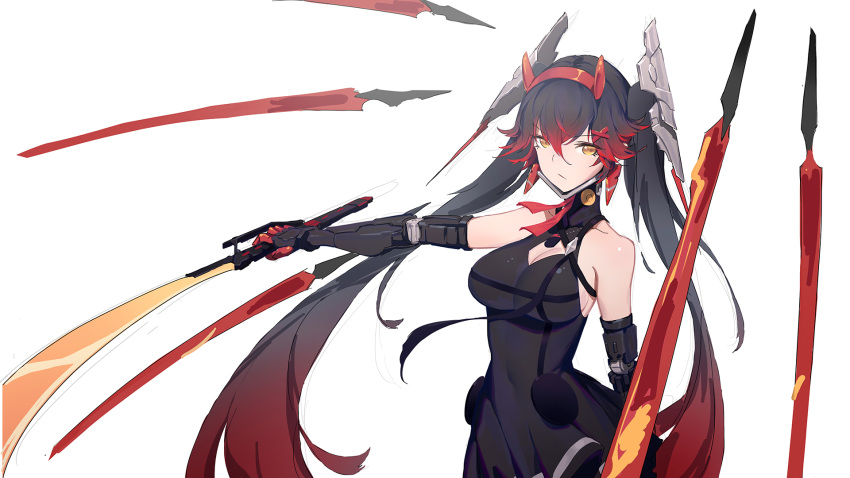 bad_id bad_pixiv_id bare_shoulders black_dress black_gloves dress elbow_gloves female floating floating_object floating_weapon gloves hair_between_eyes hair_ornament headband highres holding holding_sword holding_weapon huang_(volt0526) long_hair looking_at_viewer lucia:_dawn_(punishing:_gray_raven) lucia_(punishing:_gray_raven) punishing:_gray_raven red_hair simple_background sleeveless sleeveless_dress solo sword twintails weapon white_background yellow_eyes