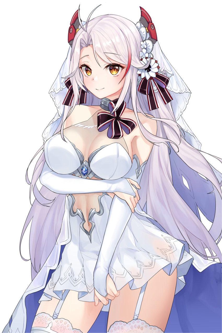 absurdres antenna_hair azur_lane bad_id bad_pixiv_id bare_shoulders breasts bridal_gauntlets bridal_veil closed_mouth commentary_request dress female garter_straps headgear highres korean_commentary large_breasts lillly long_hair looking_at_viewer mixed-language_commentary multicolored_hair navel official_alternate_costume orange_eyes prinz_eugen_(azur_lane) prinz_eugen_(symphonic_fate)_(azur_lane) red_hair see-through simple_background smile solo standing streaked_hair swept_bangs thighhighs thighs two_side_up veil very_long_hair wedding_dress white_background white_dress white_hair white_thighhighs