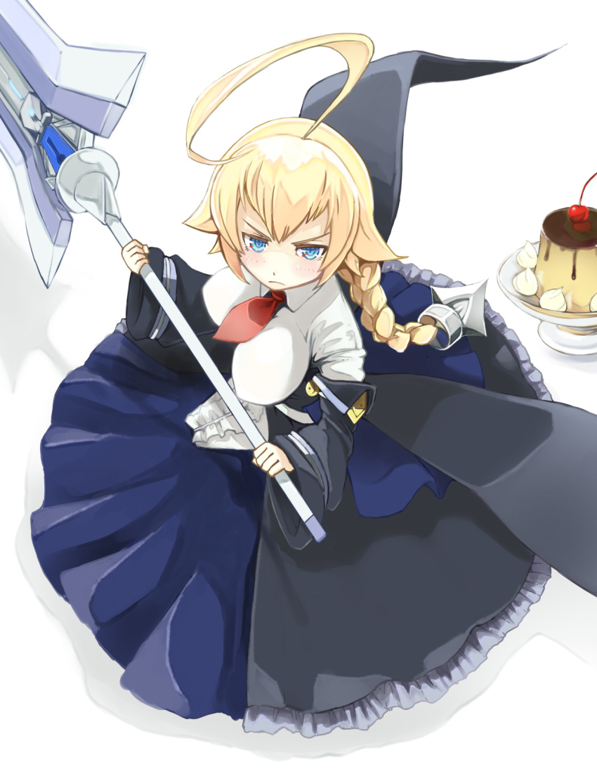 ahoge bana_(stand_flower) blazblue blonde_hair blue_eyes blush braid breasts cherry dress es_(xblaze) female food frilled_dress frills fruit highres holding holding_sword holding_weapon huge_ahoge huge_weapon large_breasts necktie petticoat pudding red_necktie shadow single_braid solo sword v-shaped_eyebrows weapon xblaze xblaze_code:_embryo