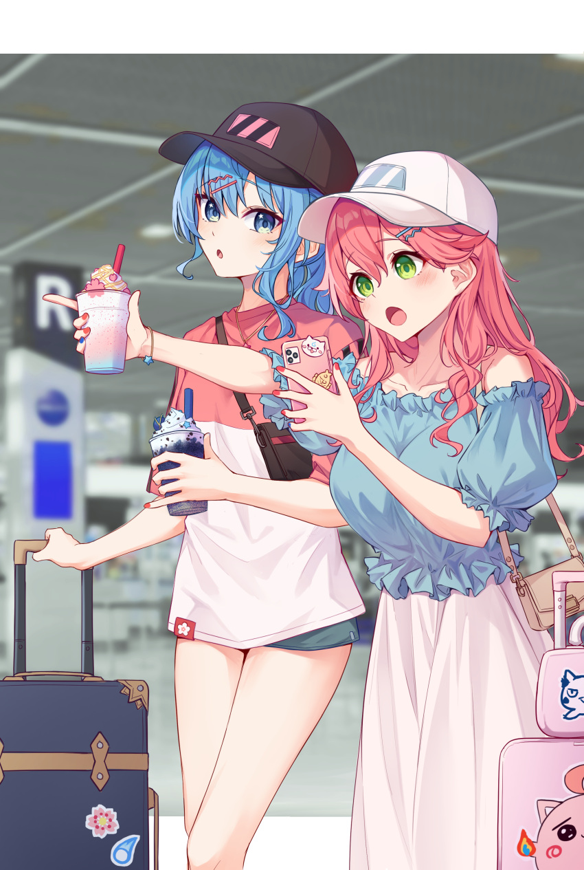 2girls absurdres alternate_costume bag baseball_cap black_headwear blue_hair blue_nails blue_shorts blush breasts cellphone commentary cup english_commentary frilled_shirt frills hair_ornament hairpin handbag hat highres holding holding_cup holding_phone hololive hoshimachi_suisei large_breasts long_hair long_skirt looking_at_viewer micomet_(hololive) multicolored_nails multiple_girls open_mouth phone pink_shirt red_nails sakura_miko shirt short_shorts shorts skirt small_breasts smartphone suitcase tang-du two-tone_shirt virtual_youtuber white_headwear white_shirt white_skirt