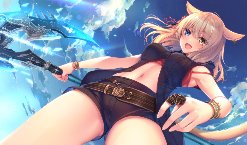 :d animal_ears axe bangle bare_shoulders battle_axe black_jacket black_shorts blue_eyes blue_sky bracelet breasts brown_eyes cat_ears cat_girl cat_tail cloud cloudy_sky commission day female final_fantasy final_fantasy_xiv from_below heterochromia holding holding_weapon hood hood_down hooded_jacket jacket jewelry light_brown_hair long_hair looking_at_viewer medium_breasts miqo'te navel original outdoors short_shorts shorts skeb_commission sky slit_pupils smile solo sorai_shin'ya tail warrior_of_light_(ff14) weapon