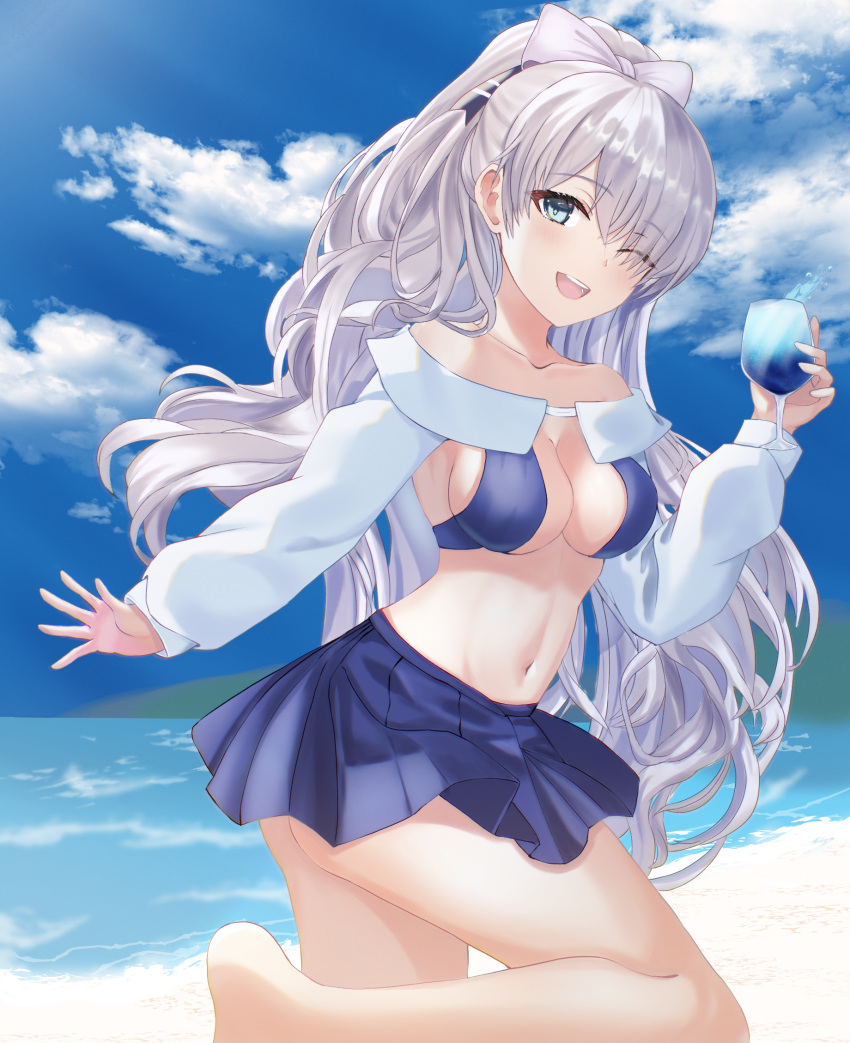 anastasia_(fate) anastasia_(swimsuit_archer)_(fate) anastasia_(swimsuit_archer)_(third_ascension)_(fate) artist_request bad_id bad_pixiv_id bare_shoulders beach bikini blue_eyes blue_sky blush breasts cloud cocktail collarbone day fate/grand_order fate_(series) female full_body hair_over_one_eye highres long_hair long_sleeves looking_at_viewer medium_breasts navel ocean open_mouth outdoors ponytail sand sky smile solo soukoku swimsuit thighs very_long_hair water white_hair