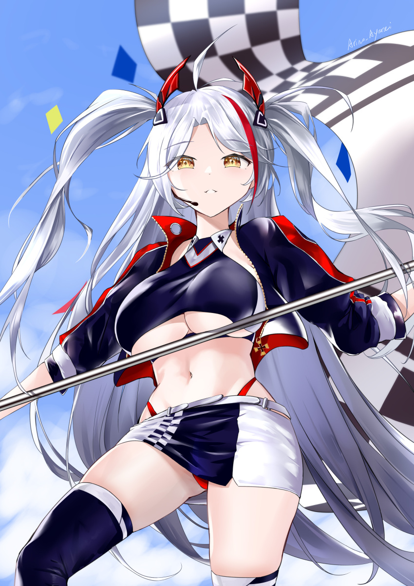 absurdres arino_ayarei azur_lane blue_sky breasts crop_top cropped_shirt eyes_visible_through_hair female flag headgear highres holding holding_flag jacket large_breasts long_hair looking_at_viewer microskirt midriff navel official_alternate_costume outdoors panties prinz_eugen_(azur_lane) prinz_eugen_(final_lap)_(azur_lane) purple_jacket purple_thighhighs race_queen red_hair red_panties skirt sky solo standing stomach thighhighs underboob underwear very_long_hair white_hair yellow_eyes zipper