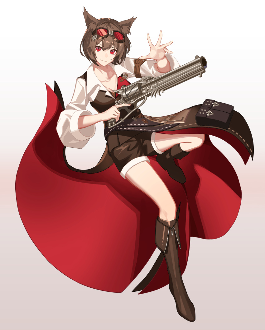 animal_ears bad_id bad_pixiv_id boots brown_hair cat_ears female final_fantasy final_fantasy_xiv full_body goggles goggles_on_head gradient_background grey_background gun highres holding holding_gun holding_weapon knee_boots looking_at_viewer machinist_(final_fantasy) miqo'te red_eyes revolver short_hair shorts solo tsuki-shigure warrior_of_light_(ff14) weapon white_background