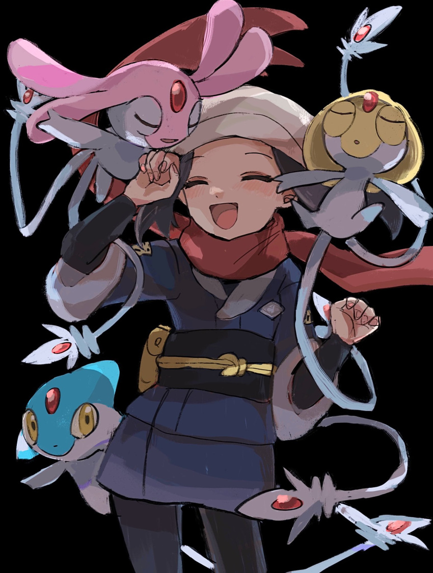 :d akari_(pokemon) anzu_(01010611) azelf black_background black_hair black_pantyhose black_sash black_shirt female floating_scarf grey_skirt head_scarf highres jacket logo mesprit open_mouth pantyhose pokemon pokemon_(creature) pokemon_legends:_arceus red_scarf sash scarf shirt sidelocks simple_background skirt smile tongue uxie white_headwear