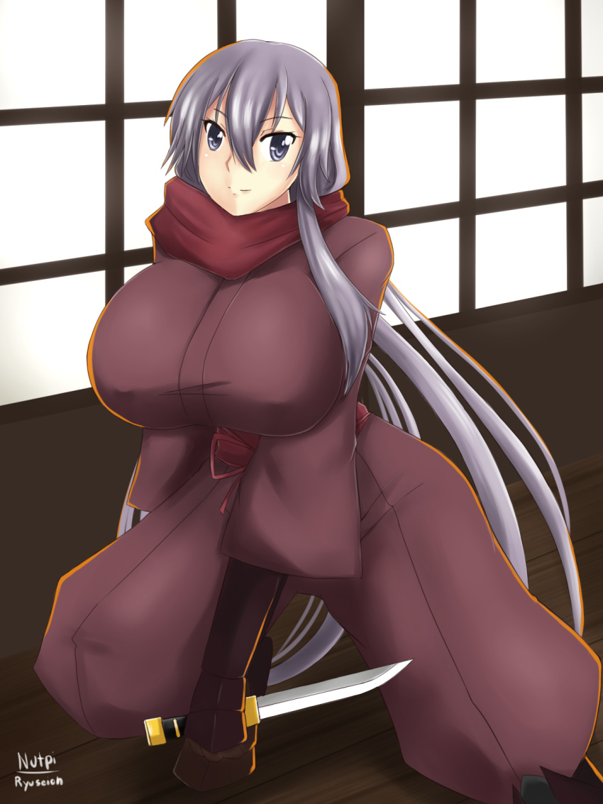 breasts dragon_yukano female gloves highres huge_breasts kodachi light_purple_hair long_hair looking_at_viewer ninja ninja_slayer ninjatou nuypiya_hehasuk purple_eyes scarf short_sword signature sitting sliding_doors smile solo sword vambraces very_long_hair wariza weapon wooden_floor