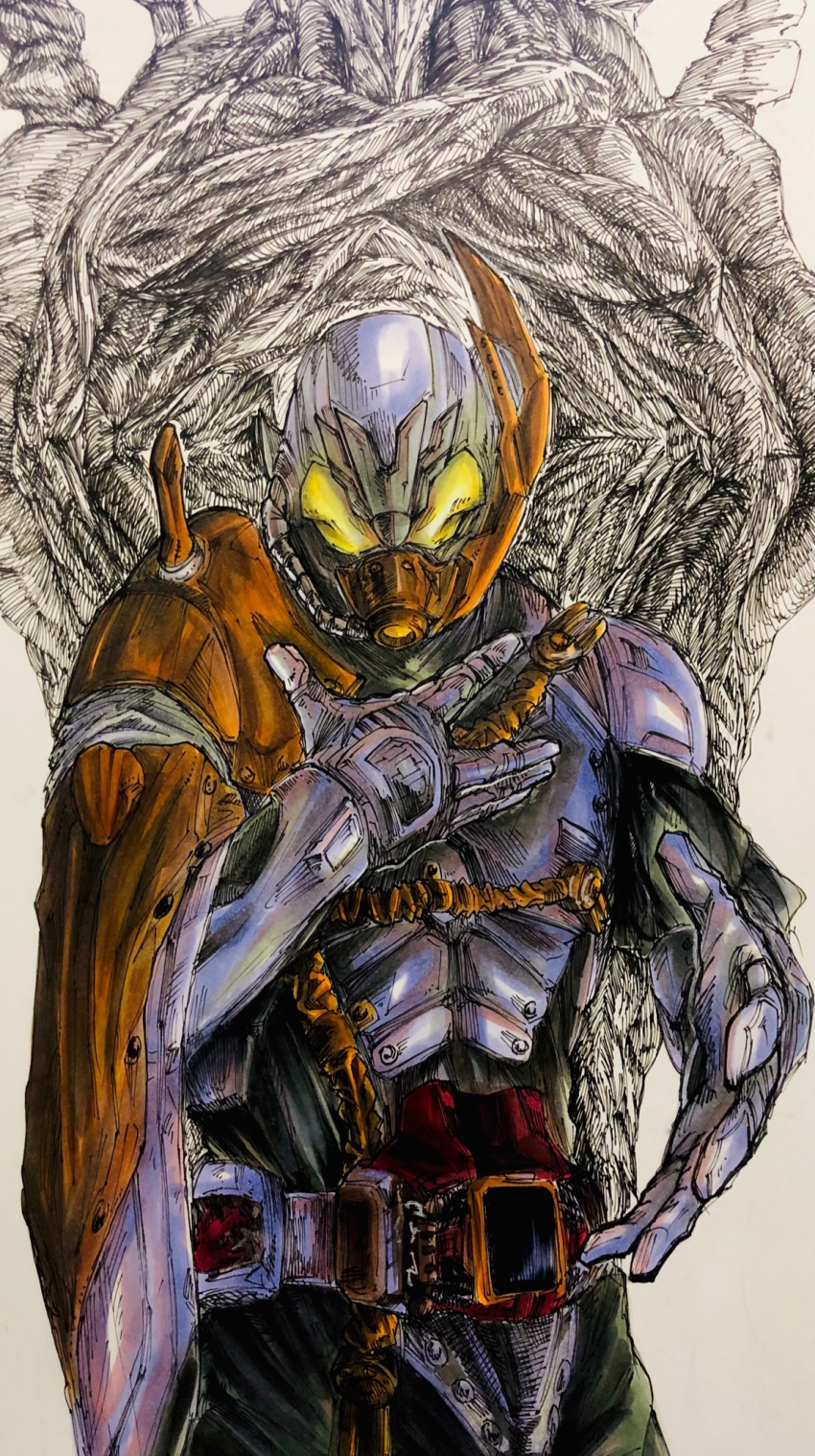 1boy armor asymmetrical_armor beetle black_bodysuit bodysuit bug cape compound_eyes cowboy_shot driver_(kamen_rider) gas_mask giff_(kamen_rider_revice) highres kabuto_genome kamen_rider kamen_rider_revice kamen_rider_vail male_focus mask military military_uniform orange_cape rat0116ebi revice_legacy:kamen_rider_vail rider_belt silver_gloves single_wing tokusatsu tombstone traditional_media uniform vail_driver vistamp wings