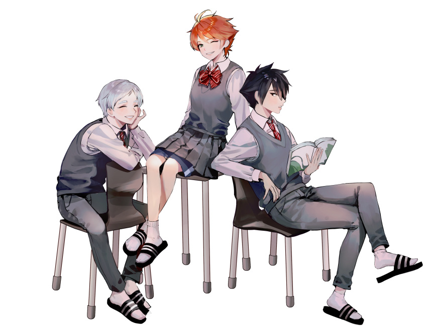 2boys ;) ahoge bad_id bad_pixiv_id black_eyes black_footwear black_hair blush book bow bowtie chair closed_eyes collared_shirt commentary emma_(yakusoku_no_neverland) female flip-flops from_side full_body green_eyes grey_hair grey_skirt grey_vest hahahanon hair_between_eyes hair_over_one_eye highres holding holding_book long_sleeves looking_at_viewer multiple_boys necktie norman_(yakusoku_no_neverland) one_eye_closed open_book orange_hair parted_lips ray_(yakusoku_no_neverland) red_bow red_bowtie red_necktie sandals school_uniform shirt short_hair shorts shorts_under_skirt sitting skirt smile socks table thick_eyebrows transparent_background uniform vest white_legwear white_shirt yakusoku_no_neverland