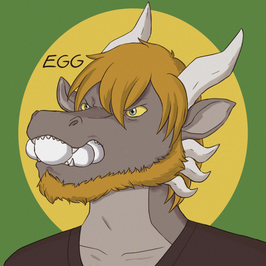 1:1 2021 anthro black_clothing black_shirt black_topwear brown_hair clothing digital_media_(artwork) dragon egg egg_in_mouth egg_insertion english_text facial_hair grey_body grey_skin hair hi_res horn male mythological_creature mythological_scalie mythology rhys_(wannabe_pendragon) scalie shaded shirt snout solo teeth text topwear wannabe_pendragon