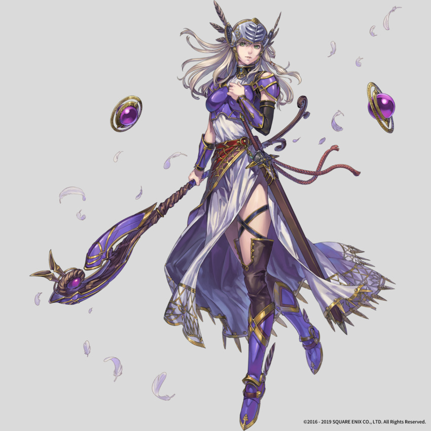 armor armored_boots armored_dress blonde_hair boots breastplate female full_body helmet highres long_hair nishiki_areku official_art purple_armor sheath sheathed shoulder_armor silmeria_valkyrie solo sword thigh_strap valkyrie valkyrie_anatomia valkyrie_profile_(series) weapon winged_helmet