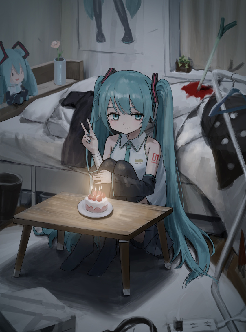 absurdres aqua_eyes aqua_hair aqua_nails aqua_necktie arm_tattoo bare_shoulders bed bedroom birthday birthday_cake black_thighhighs blood cake character_doll clothes_hanger clothes_on_bed collared_shirt commentary detached_sleeves female flower food hand_on_own_knee hatsune_miku highres horror_(theme) indoors knees_up long_hair murder nail_polish necktie on_floor plant plate poster_(object) potted_plant rug sakiika0513 shirt sitting solo spring_onion stuffed_toy table tattoo thighhighs twintails v vocaloid white_shirt