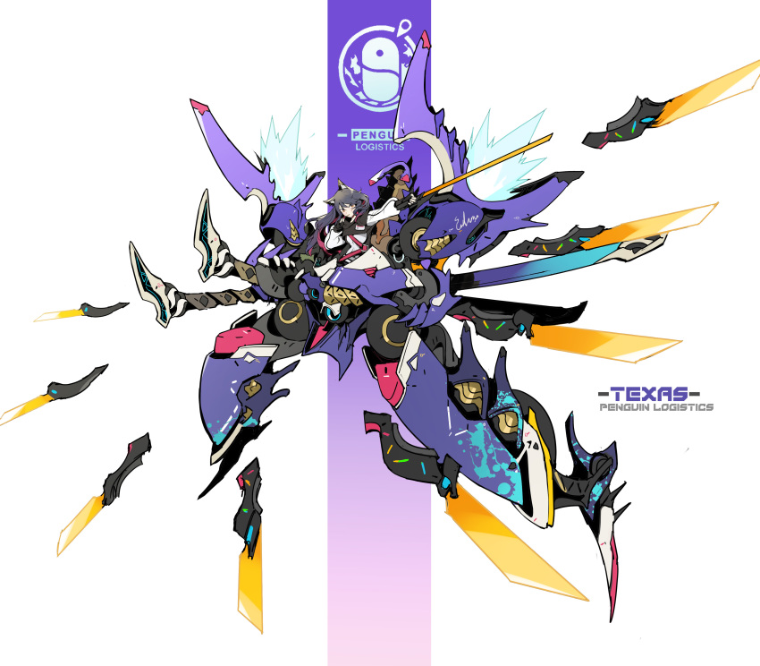 absurdres animal_ear_fluff animal_ears arknights belt black_gloves black_hair character_name chinese_commentary commentary_request female fingerless_gloves full_body gloves highres holding holding_sword holding_weapon jacket long_hair long_sleeves looking_at_viewer mecha multiple_swords multiple_weapons outstretched_arm penguin_logistics_logo photoshop_(medium) pointing_weapon purple_theme robot shinnasuka025 sitting sword texas_(arknights) weapon white_background white_jacket wolf_ears