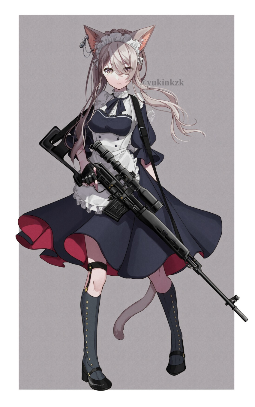 >:( animal_ear_fluff animal_ears apron black_bow black_dress black_footwear black_gloves bow breasts brown_eyes brown_hair cat_ears cat_girl cat_tail closed_mouth commentary_request dragunov_svd dress ear_piercing eyes_visible_through_hair female fingerless_gloves frilled_apron frills full_body gloves grey_background grey_socks gun hair_over_one_eye highres holding holding_gun holding_weapon kneehighs light_frown maid mary_janes medium_breasts mole mole_under_eye nekozuki_yuki original piercing pleated_skirt puffy_short_sleeves puffy_sleeves rifle scope shoes short_sleeves skirt sniper_rifle socks solo standing tail twitter_username two-tone_background v-shaped_eyebrows weapon white_apron white_background