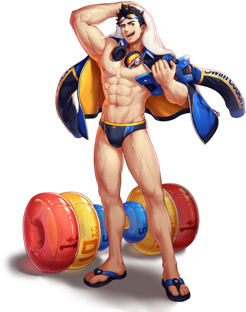 1boy abs artist_request bad_source bara bare_pectorals biceps blue_jacket blue_male_swimwear brown_hair bulge dumbbell full_body goggles goggles_on_head gyee headphones headphones_around_neck highres innertube jacket jacket_on_shoulders large_pectorals lee_(gyee) male_focus male_swimwear muscular muscular_male navel nipples official_alternate_costume official_art orange_eyes pectorals short_hair solo stomach swim_briefs swim_ring thighs towel towel_on_head transparent_background wet