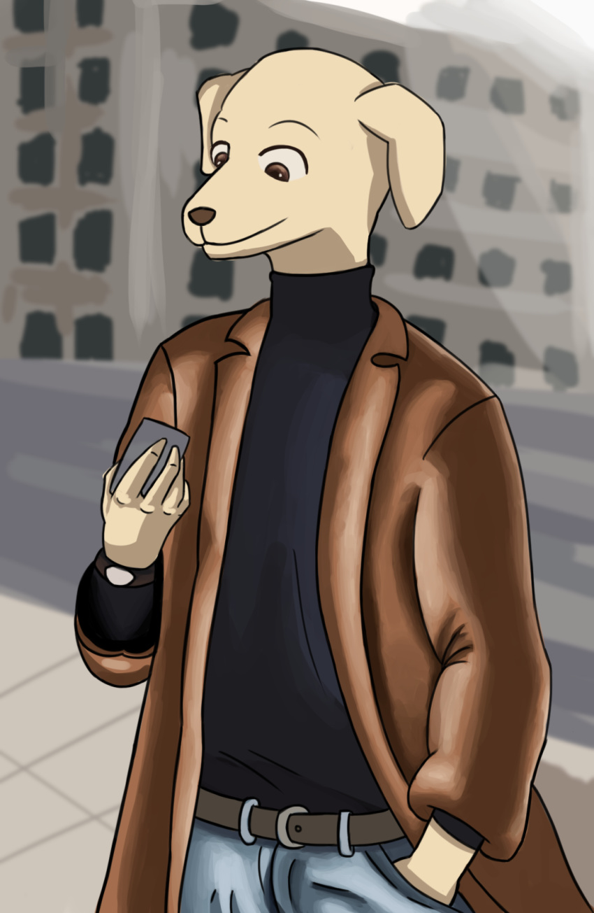 alexandliberty anthro beastars bird_dog black_clothing black_shirt black_topwear brown_eyes canid canine canis cellphone city clock clothing domestic_dog electronics hi_res hunting_dog jack_(beastars) jacket labrador male mammal phone retriever shirt solo street topwear walking watch