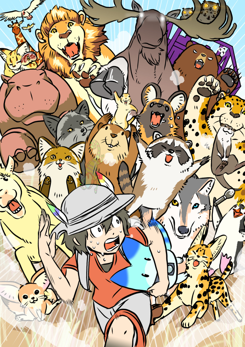 african_wild_dog_(kemono_friends) alpaca alpaca_suri_(kemono_friends) american_beaver_(kemono_friends) animal backpack bag bear beaver bird black-tailed_prairie_dog_(kemono_friends) black_eyes black_hair black_skin brown_bear_(kemono_friends) campo_flicker_(kemono_friends) canine carrying chameleon colored_skin commentary_request constricted_pupils eurasian_eagle_owl_(kemono_friends) everyone eyebrows_visible_through_hat ezo_red_fox_(kemono_friends) feline female fleeing flying_sweatdrops fox furrowed_brow giraffe glowing glowing_eyes grey_wolf hair_between_eyes hat_feather helmet heterochromia highres hippopotamus hippopotamus_(kemono_friends) jaguar jaguar_(kemono_friends) japanese_crested_ibis_(kemono_friends) kaban_(kemono_friends) kemono_friends lion lion_(kemono_friends) looking_at_another lucky_beast_(kemono_friends) microphone moose moose_(kemono_friends) motion_lines mouth_hold multicolored_skin nervous_sweating northern_white-faced_owl_(kemono_friends) otter owl panther_chameleon_(kemono_friends) penguin pith_helmet prairie_dog red_shirt reticulated_giraffe_(kemono_friends) running sand_cat sand_cat_(kemono_friends) serval serval_(kemono_friends) shirt short_hair shorts silver_fox_(kemono_friends) small-clawed_otter_(kemono_friends) snake sweat taoi_(taoi58829762) transparent tsuchinoko tsuchinoko_(kemono_friends) wolf