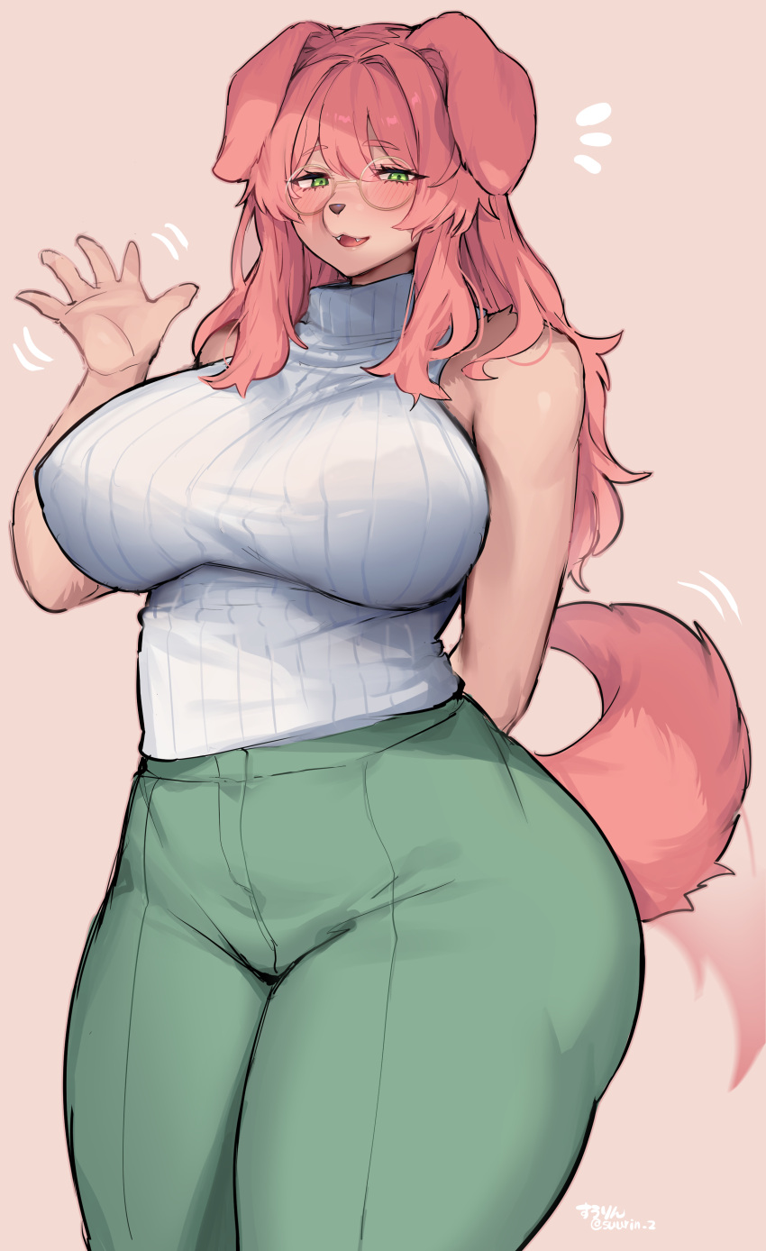 absurdres animal_ears animal_nose arm_behind_back breasts commentary_request dog_ears dog_girl dog_tail female furry furry_female glasses green_eyes green_pants hand_up highres huge_breasts long_hair looking_at_viewer oerba_yun_fang original pants pink_background simple_background sleeveless sleeveless_sweater snout solo suurin_(ksyaro) sweater tail tail_wagging thick_thighs thighs twitter_username white_sweater wide_hips