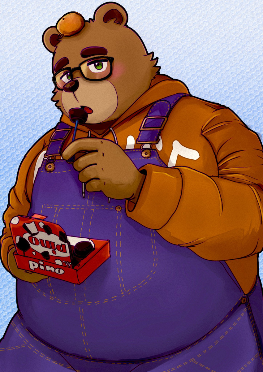 2022 anthro bear belly big_belly blush brown_body candy chocolate clothing dessert eyewear food fruit glasses hi_res hoodie humanoid_hands kemono male mammal orange_(fruit) overalls overweight overweight_male pinoren plant solo topwear vtuber