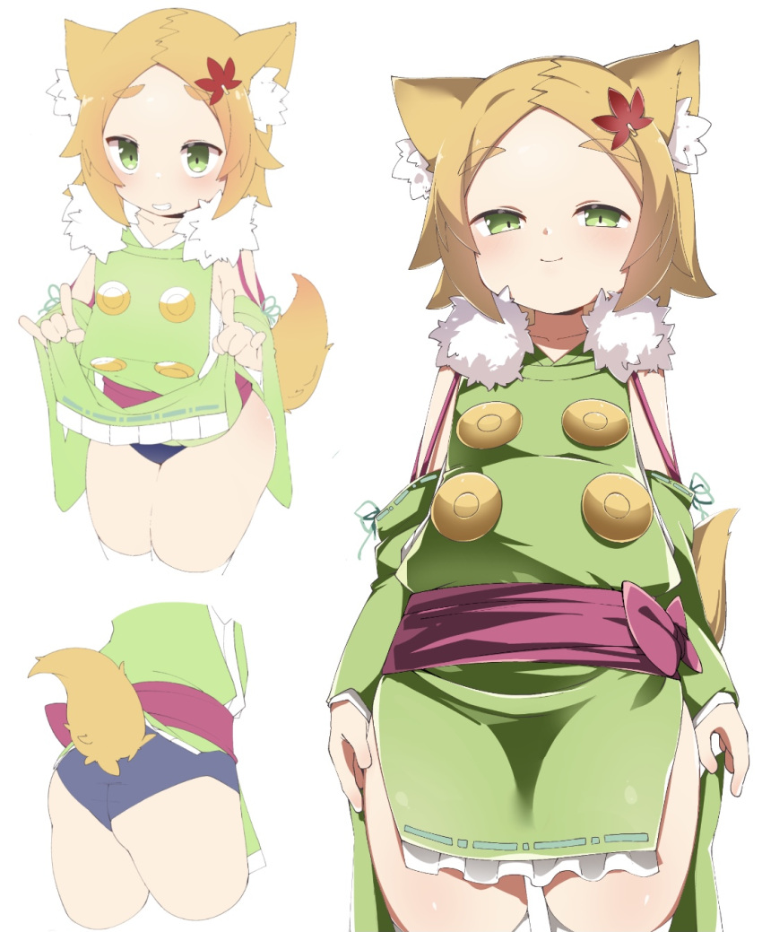 animal_ear_fluff animal_ears ass closed_mouth commentary cropped_legs detached_sleeves female forehead fox_ears fox_girl fox_tail green_kimono green_sleeves grin hair_ornament highres japanese_clothes kimono kogitsunemaru_(tenka_hyakken) leaf_hair_ornament lifting_own_clothes long_sleeves lyanon multiple_views parted_bangs short_eyebrows simple_background sleeves_past_wrists smile symbol-only_commentary tail tenka_hyakken thick_eyebrows thighhighs white_background white_thighhighs wide_sleeves