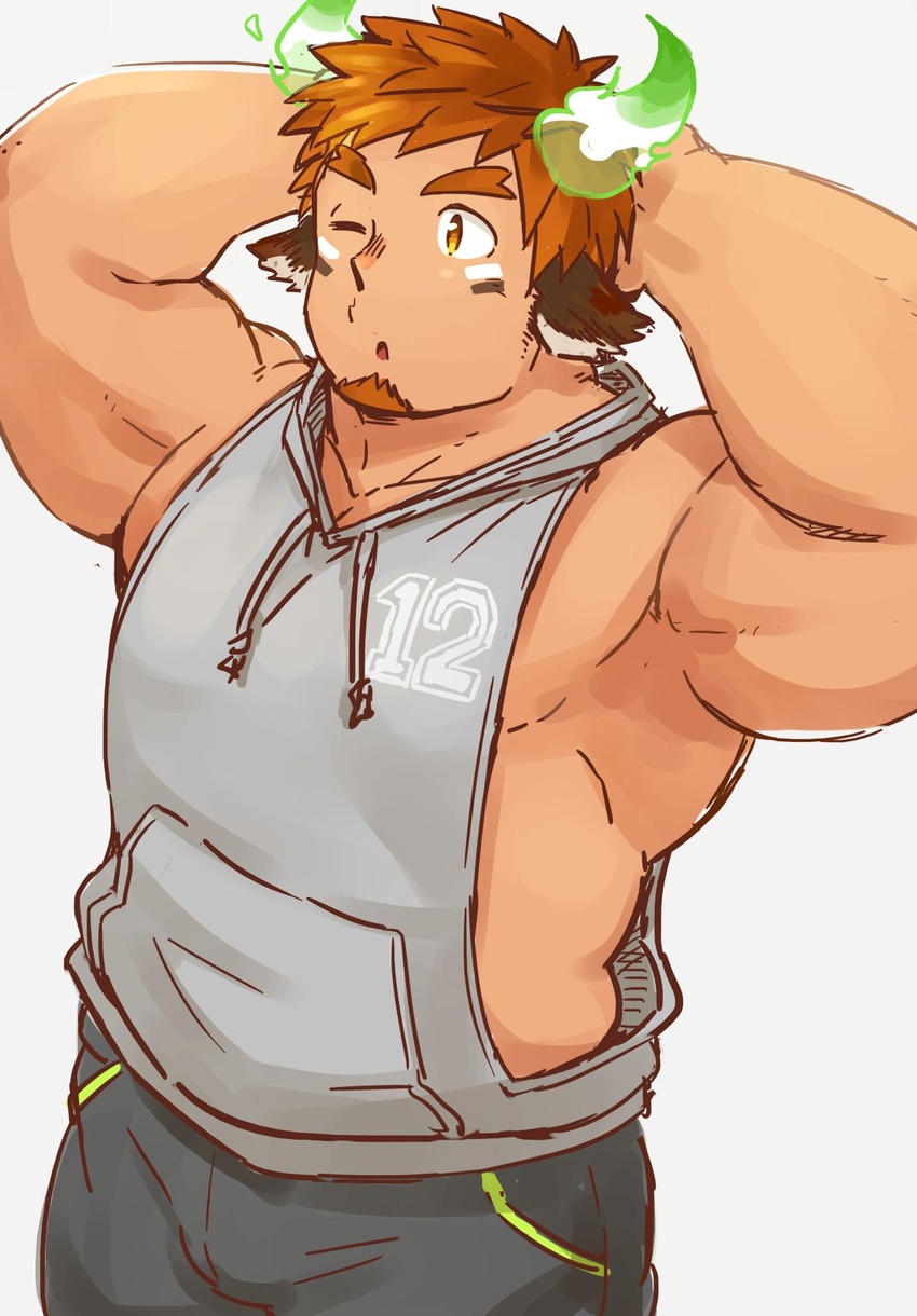 1boy :o alternate_costume animal_ears armpits arms_behind_head bara bare_arms belly biceps black_shorts brown_eyes brown_hair bulge casual cow_boy cow_ears cow_horns dark-skinned_male dark_skin eye_black facial_hair fiery_horns forked_eyebrows glowing_horns goatee grey_hoodie highres hood hoodie horns male_focus muscular muscular_male one_eye_closed pectorals plump short_hair shorts sidepec sleeveless sleeveless_hoodie solo spiked_hair suv_(suv032) thick_eyebrows tokyo_afterschool_summoners wakan_tanka