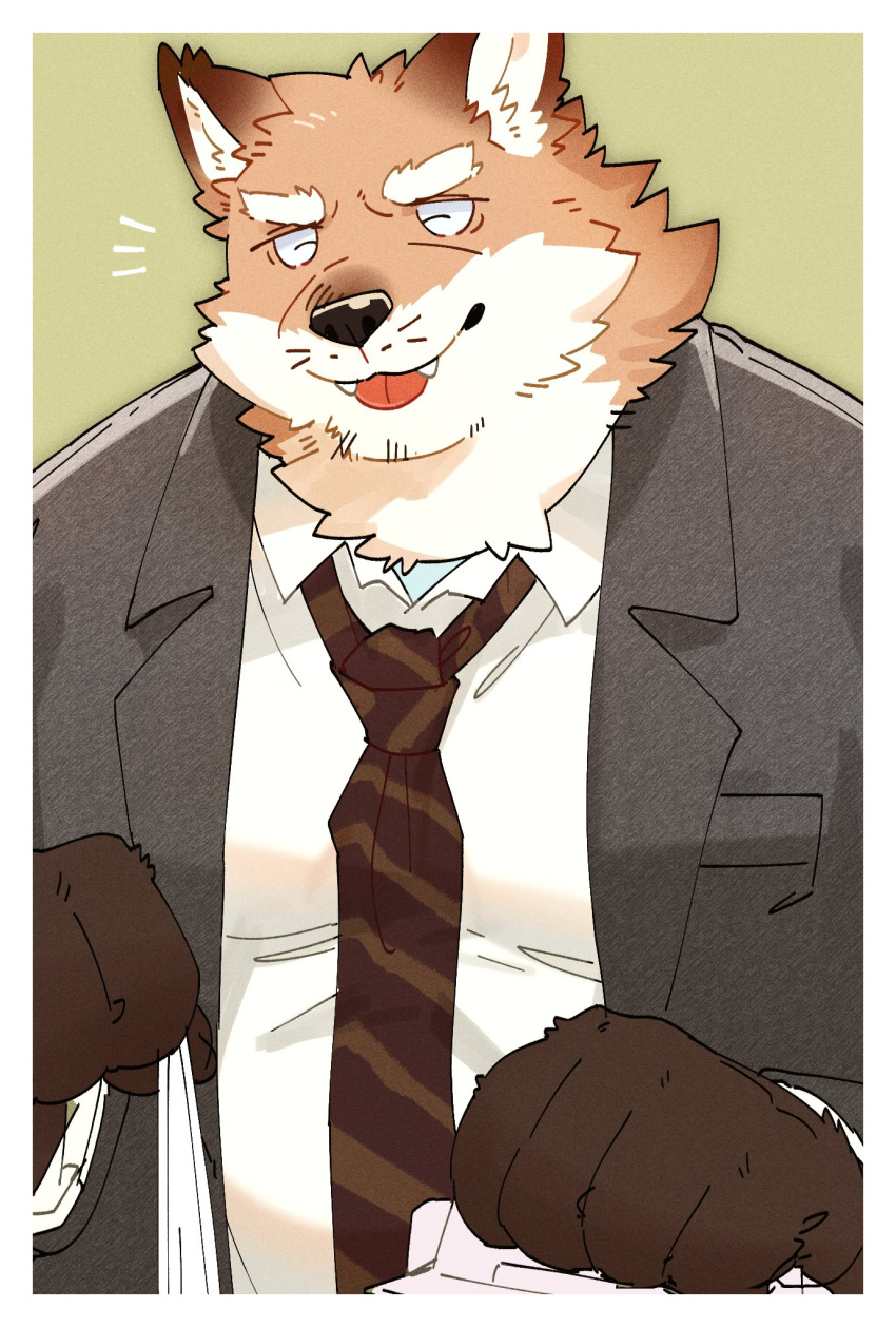 2021 anthro black_nose brown_body brown_fur canid canine closed_eyes clothing fox fuguri fur hi_res humanoid_hands kemono male mammal necktie overweight overweight_anthro overweight_male shirt solo tongue tongue_out topwear