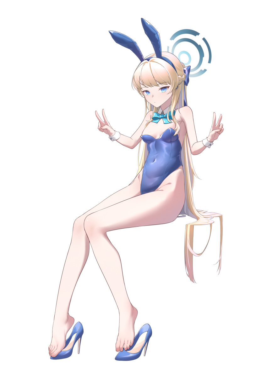 absurdres animal_ears bad_id bad_pixiv_id bare_shoulders barefoot blonde_hair blue_archive blue_eyes blue_footwear blue_halo blue_leotard bow bowtie breasts chan_sang covered_navel detached_collar double_v fake_animal_ears feet female full_body groin halo high_heels highleg highleg_leotard highres legs leotard long_hair looking_at_viewer official_alternate_costume playboy_bunny rabbit_ears shoes simple_background sitting solo strapless strapless_leotard toenails toes toki_(blue_archive) toki_(bunny)_(blue_archive) unworn_shoes v very_long_hair white_background wrist_cuffs