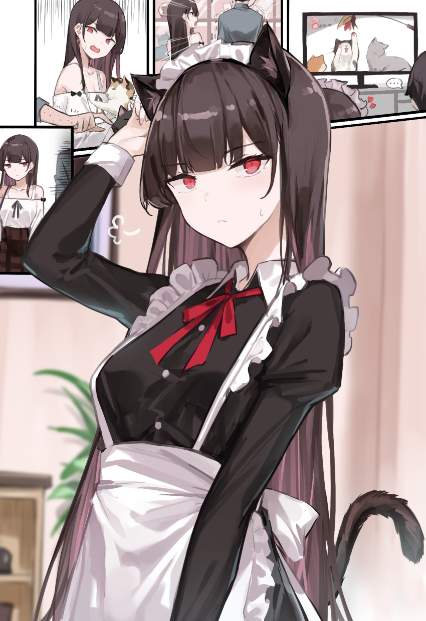 ... 7gao allergy animal_ear_fluff animal_ears apron bare_shoulders black_dress black_hair blunt_bangs bow bowtie cat_ears cat_tail closed_mouth collarbone dress feline female frills hand_up highres long_sleeves looking_at_viewer maid_apron maid_headdress multiple_views off-shoulder_shirt off_shoulder open_mouth original rash shirt sidelocks skirt sweatdrop tail television wrist_cuffs