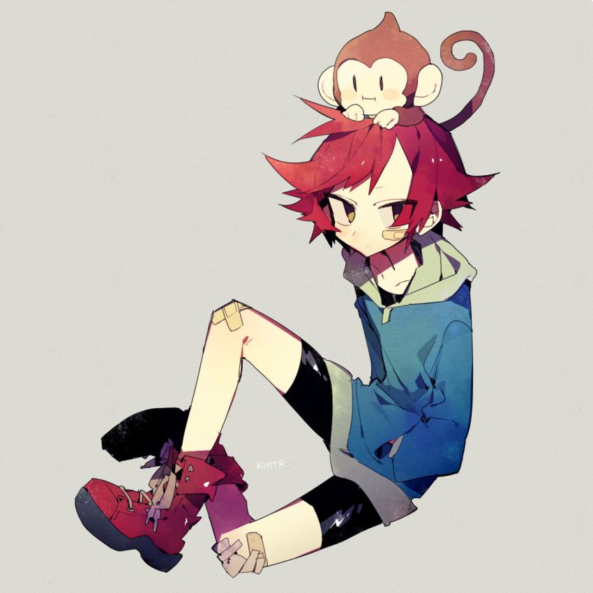 animal_on_head bandaid bandaid_on_cheek bandaid_on_knee blue_hoodie female higa423 highres hood hoodie kumatora monkey mother_(game) mother_3 on_head pink_hair salsa_(mother) short_hair shorts spiked_hair yellow_eyes