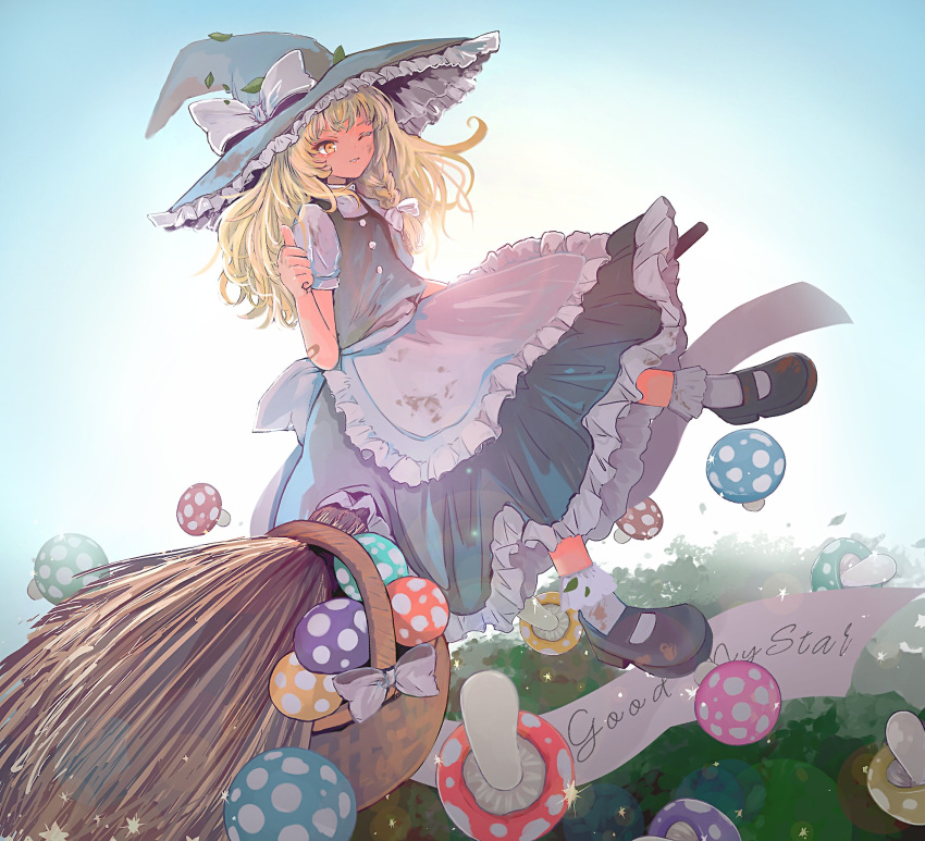 apron basket black_footwear black_hat black_skirt black_vest blonde_hair bobby_socks bow braid broom broom_riding buttons commentary female frilled_skirt frills full_body hairbow hat hat_bow highres ichinose_(kurui96) kirisame_marisa leaf long_hair looking_at_viewer mary_janes mushroom one_eye_closed puffy_short_sleeves puffy_sleeves shirt shoes short_sleeves sidesaddle single_braid skirt skirt_set smile socks solo thumbs_up touhou vest waist_apron white_apron white_bow white_shirt white_socks witch_hat yellow_eyes