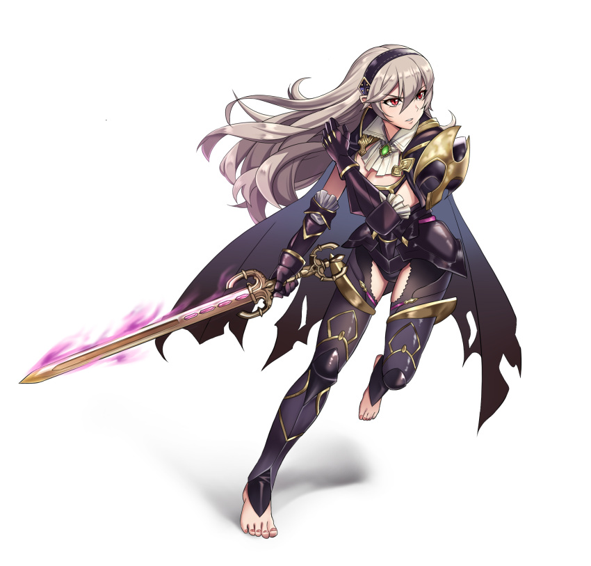 barefoot breasts cleavage cloak corrin_(female)_(fire_emblem) corrin_(female)_(nohr_noble)_(fire_emblem) corrin_(fire_emblem) facing_to_the_side female fire_emblem fire_emblem_fates full_body gloves grey_hair headband highres large_breasts long_hair namu_(112namu) official_alternate_costume red_eyes shoulder_pads simple_background sword weapon