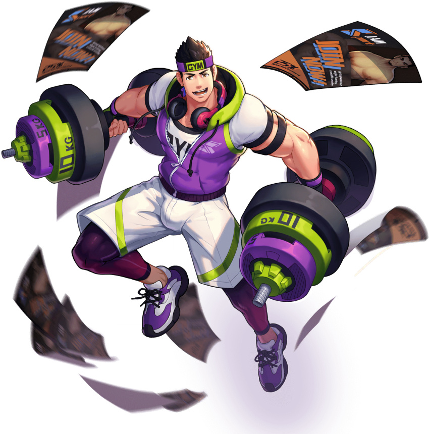 1boy artist_request bad_source bara black_leggings brown_hair bulge dumbbell exercising full_body gyee gym_uniform headband highres hood hooded_jacket huge_weapon jacket lee_(gyee) leggings male_focus muscular muscular_male official_alternate_costume official_art orange_eyes oversized_object pectorals purple_jacket short_hair shorts sleeveless sleeveless_jacket solo transparent_background weapon weightlifting white_shorts