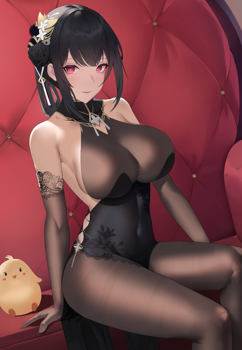 absurdres azur_lane bare_shoulders black_flower black_hair black_rose breasts chen_hai_(azur_lane) chen_hai_(vestibule_of_wonders)_(azur_lane) chinese_commentary commentary_request covered_navel elbow_gloves female flower gloves hair_flower hair_ornament highres large_breasts looking_at_viewer manjuu_(azur_lane) official_alternate_costume pantyhose parted_lips partial_commentary pelvic_curtain red_eyes rose sitting solo_focus thighs yomi1221