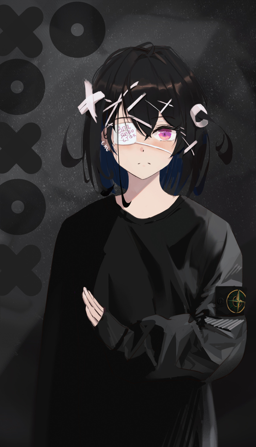 absurdres black_hair black_shirt blush earrings eyepatch female hair_between_eyes hair_ornament hairclip highres jewelry long_sleeves looking_at_viewer medium_hair original pink_eyes print_eyepatch russian_text shadow shirt sleeves_past_wrists solo tifg39 translated x_hair_ornament