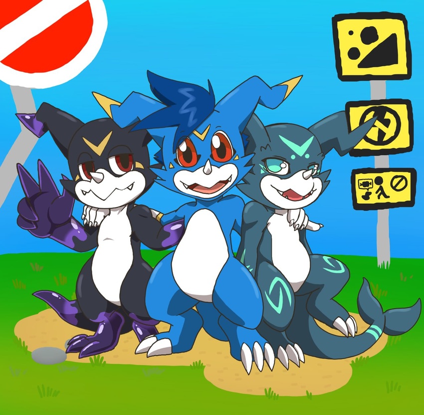 bandai_namco chicostyx digimon digimon_(species) dragon fanmon group hair hi_res male mythological_creature mythological_scalie mythology reptile scalie shoru_(character) tail trio veemon void_(voidtails) yami_the_veemon