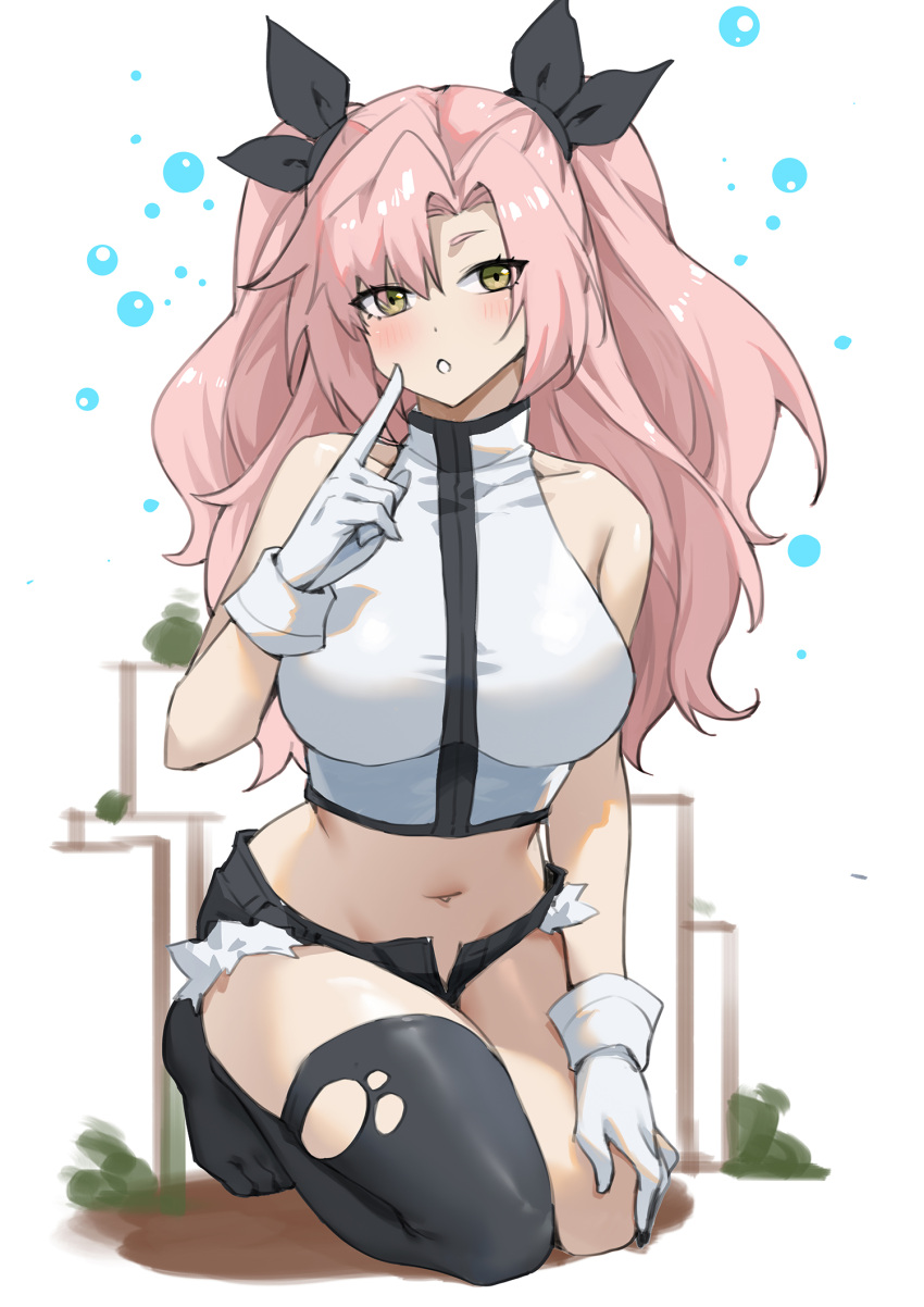 :o alternate_costume bare_arms bare_shoulders black_ribbon black_thighhighs breasts crop_top female gloves grey_eyes hair_ribbon hand_up highres index_finger_raised large_breasts linreplica long_hair looking_at_viewer micro_shorts midriff navel nicole_demara open_fly parted_lips pink_hair ribbon seiza shirt shorts single_thighhigh sitting sleeveless sleeveless_shirt solo stomach thighhighs thighs two_side_up very_long_hair white_gloves white_shirt zenless_zone_zero