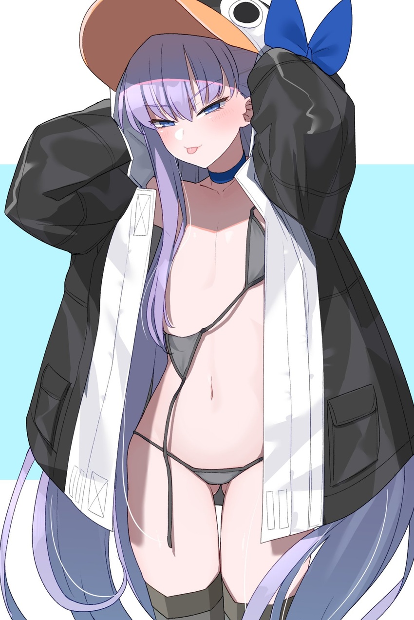 akitokage animal_costume animal_hood ass_visible_through_thighs bikini bird black_jacket blue_choker blue_eyes blush bow breasts choker commentary fate/grand_order fate_(series) female hairbow highres hood hood_up jacket long_hair meltryllis_(fate) meltryllis_(swimsuit_lancer)_(fate) meltryllis_(swimsuit_lancer)_(first_ascension)_(fate) navel off_shoulder penguin penguin_costume penguin_hood prosthesis prosthetic_leg purple_hair small_breasts solo swimsuit tongue tongue_out untied_bikini very_long_hair