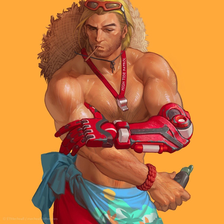 1boy artist_name brown_hair cassidy_(overwatch) chest_hair et.m facial_hair hat hat_on_back highres holding large_pectorals lifeguard_cassidy male_focus male_swimwear mechanical_arms muscular muscular_male official_alternate_costume overwatch overwatch_1 pectorals red_male_swimwear short_hair simple_background single_mechanical_arm solo straw_hat topless_male whistle whistle_around_neck wristband yellow_background