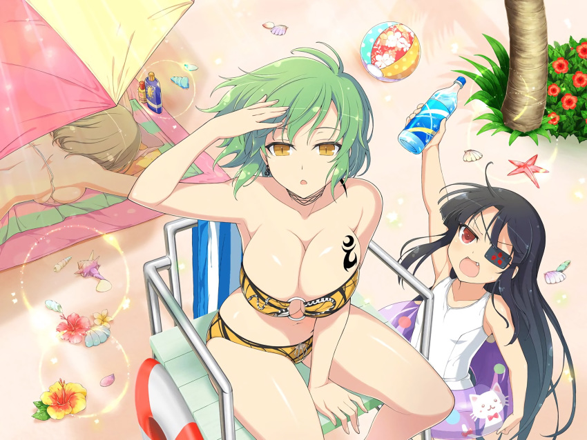 3girls :o arm_up ball beach beach_towel beach_umbrella beachball bikini black_hair blonde_hair bottle breasts cleavage commentary conch day english_commentary eyepatch flat_chest flower green_hair hair_ribbon hand_in_own_hair hand_on_own_head haruka_(senran_kagura) hibiscus highres hikage_(senran_kagura) innertube large_breasts lifeguard_chair long_hair looking_at_viewer lotion lying mirai_(senran_kagura) multiple_girls official_art on_stomach one-piece_swimsuit open_mouth outdoors palm_tree petals red_eyes red_flower ribbon sand senran_kagura senran_kagura_new_link shell short_hair sitting standing starfish sunscreen swim_ring swimsuit tattoo third-party_source towel tree umbrella water_bottle white_one-piece_swimsuit yaegashi_nan yellow_eyes yellow_flower