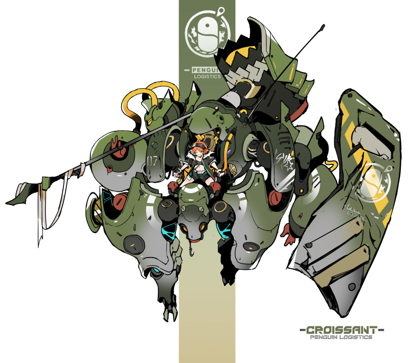 absurdres antennae arknights bandeau belly black_clothes black_headwear black_jacket black_shorts character_name chinese_commentary commentary_request croissant_(arknights) female gloves green_theme hammer highres holding holding_shield holding_weapon hook horns id_card jacket mecha name_tag navel open_clothes open_jacket orange_hair photoshop_(medium) robot shield shinnasuka025 short_hair shorts sitting visor_cap weapon white_background white_gloves