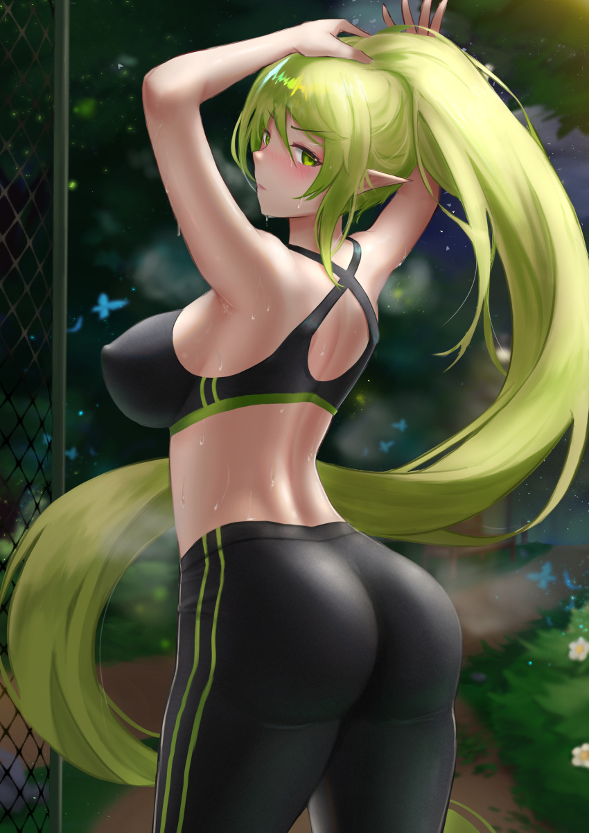 absurdly_long_hair absurdres anemos_(elsword) annoyed armpits arms_up ass back bare_shoulders black_pants black_sports_bra blush breasts chinese_commentary closed_mouth commentary_request covered_nipples cowboy_shot elsword female forest from_behind green_eyes green_hair highres jixo_(user_nzhc8728) large_breasts light_green_hair long_hair looking_at_viewer looking_back nature outdoors pants pointy_ears ponytail rena_erindel shoulder_blades sideboob sidelocks skin_tight skindentation solo sports_bra sportswear sweat tight_clothes tight_pants tying_hair underwear very_long_hair