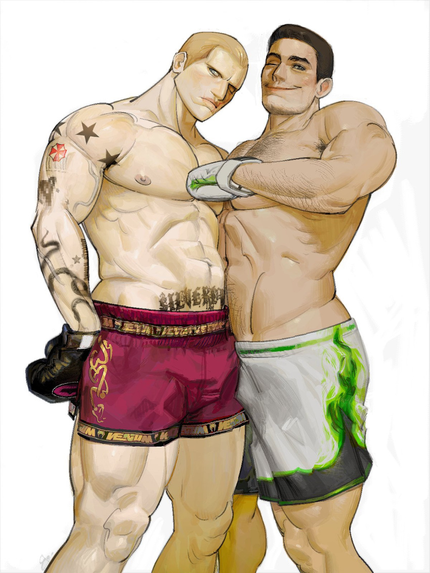 2boys abs arm_hair arm_tattoo armpit_hair armpit_hair_peek bara black_hair blonde_hair bouseded boxing_gloves chest_hair chris_redfield closed_mouth facial_hair hairy highres jack_krauser large_pectorals male_focus mature_male multiple_boys muscular muscular_male navel navel_hair nipples one_eye_closed pectorals red_shorts resident_evil resident_evil_1 resident_evil_4 resident_evil_4_(remake) short_hair shorts simple_background smile sparse_navel_hair sparse_stubble stubble tattoo thick_arm_hair thick_thighs thighs topless_male white_background white_shorts wrestling_outfit yaoi