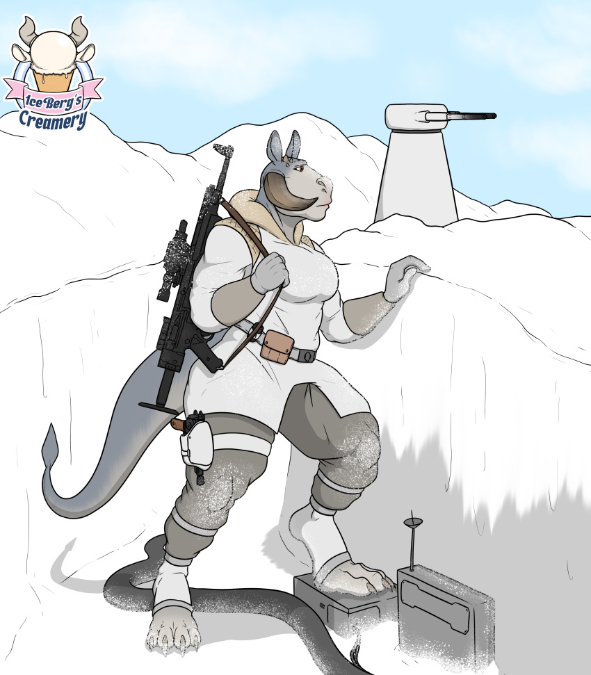 1ceberg absurd_res anthro belt_pouch clothed clothing coat female gun hi_res holstered_pistol hoth machine mammal ranged_weapon snow solo standing star_wars tauntaun topwear turret weapon