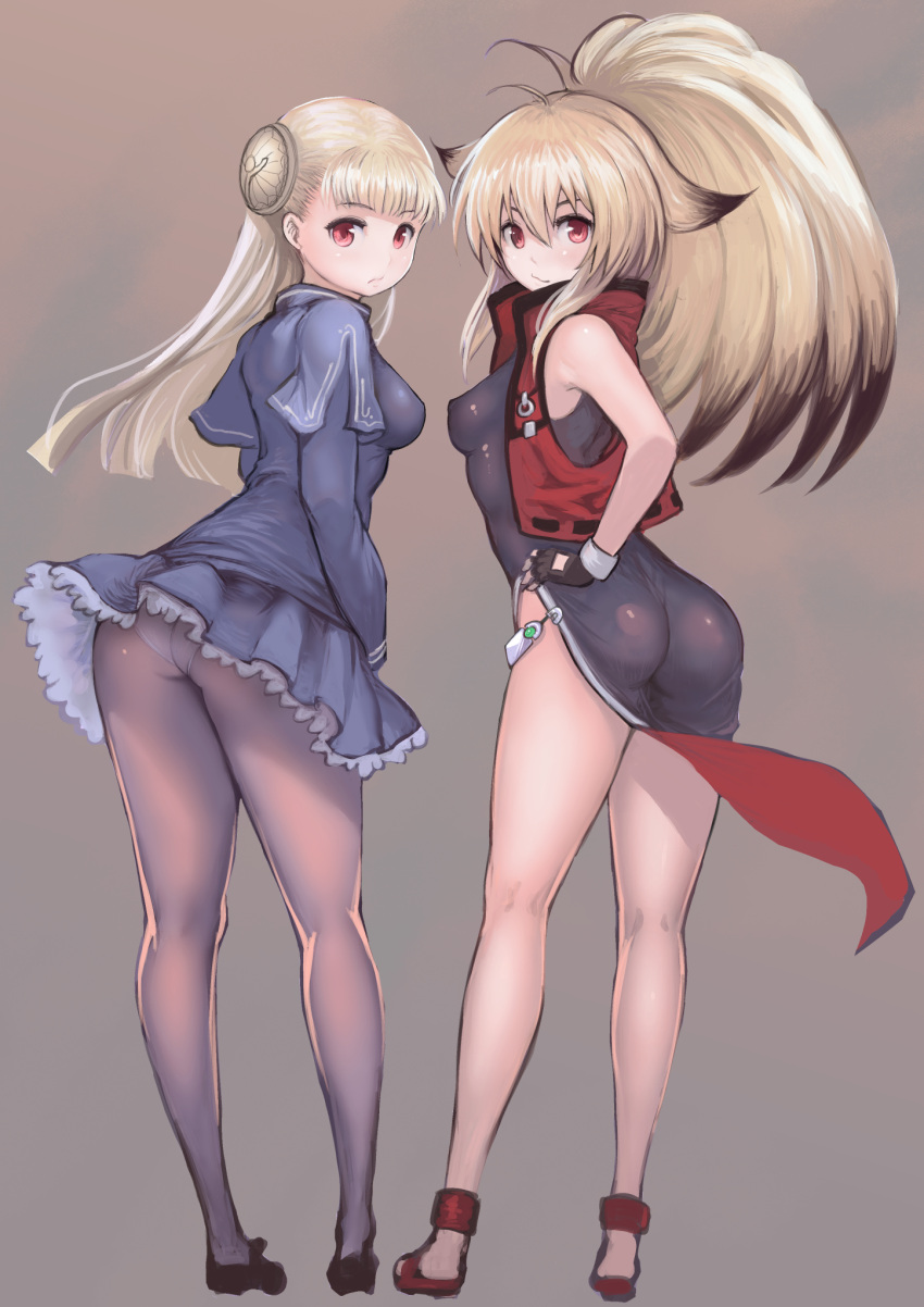 2girls ahoge ass blonde_hair capcom_fighting_jam china_dress chinese_clothes covered_nipples dress fingerless_gloves gloves hairpods highres ingrid_(capcom) johan_(johan13) long_hair multicolored_hair multiple_girls namco_x_capcom panties panties_under_pantyhose pantyhose project_x_zone_2 red_eyes sandals skin_tight street_fighter street_fighter_zero_(series) two-tone_hair underwear wind wind_lift xiaomu