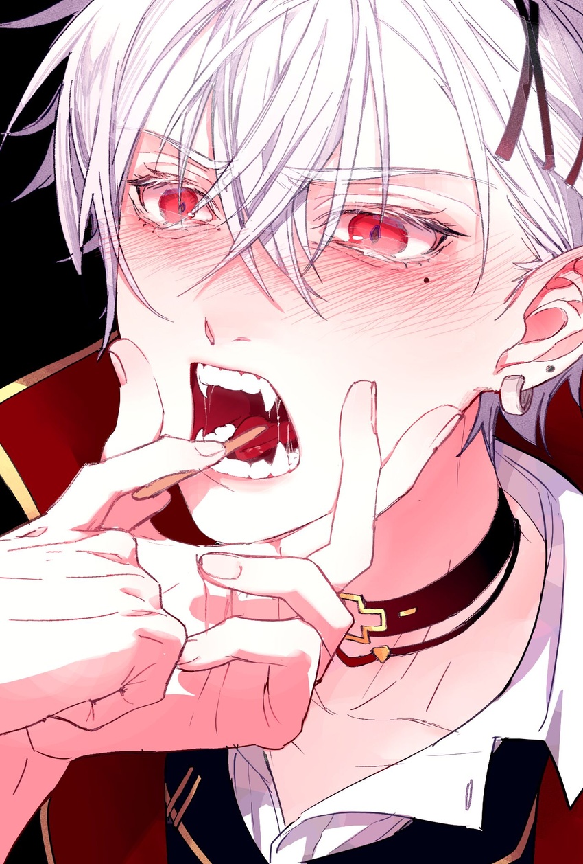 1boy black_background black_choker black_ribbon black_vest blush chinese_commentary choker collarbone collared_jacket collared_shirt colored_eyelashes commentary_request eknow fangs finger_in_another's_mouth fingernails gold_trim grabbing_another's_chin hair_ribbon hand_on_another's_chin highres jacket kuzuha_(nijisanji) male_focus mole mole_on_ear mole_under_eye nijisanji open_mouth pov red_eyes red_jacket ribbon shirt short_hair tearing_up teeth tongue upper_body vest virtual_youtuber white_hair white_shirt