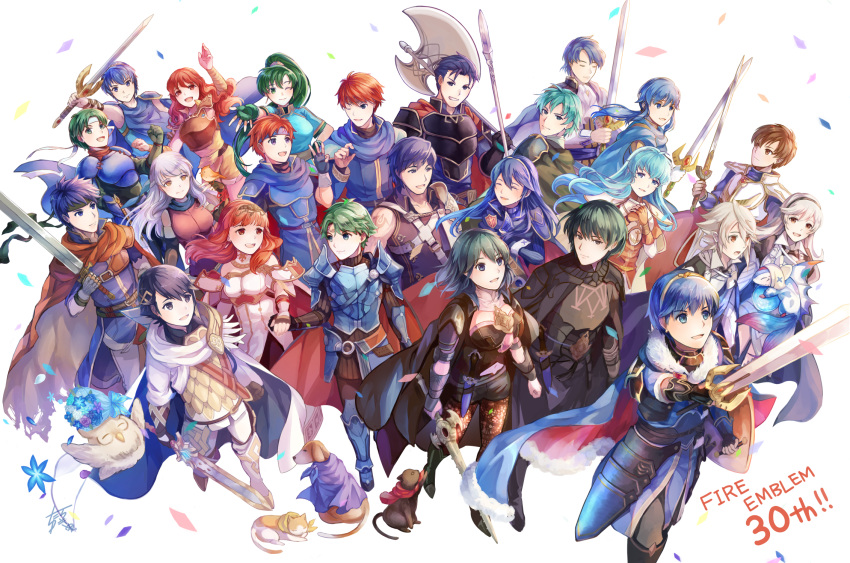 6+boys 6+girls alfonse_(fire_emblem) alm_(fire_emblem) anniversary armor axe bird blue_cape blue_eyes blue_hair blue_scarf bouquet brown_eyes brown_hair byleth_(female)_(fire_emblem) byleth_(fire_emblem) byleth_(male)_(fire_emblem) canine cape celica_(fire_emblem) chrom_(fire_emblem) claude_von_riegan closed_eyes copyright_name corrin_(female)_(fire_emblem) corrin_(fire_emblem) corrin_(male)_(fire_emblem) dimitri_alexandre_blaiddyd dual_persona edelgard_von_hresvelg eirika_(fire_emblem) eliwood_(fire_emblem) ephraim_(fire_emblem) everyone falchion_(fire_emblem) feh_(fire_emblem_heroes) feline fire_emblem fire_emblem:_mystery_of_the_emblem fire_emblem:_path_of_radiance fire_emblem:_radiant_dawn fire_emblem:_shadow_dragon_and_the_blade_of_light fire_emblem:_the_binding_blade fire_emblem:_the_blazing_blade fire_emblem:_the_sacred_stones fire_emblem_awakening fire_emblem_echoes:_shadows_of_valentia fire_emblem_fates fire_emblem_heroes flower green_eyes green_hair grey_hair headband hector_(fire_emblem) highres holding holding_axe holding_polearm holding_sword holding_weapon ike_(fire_emblem) leif_(fire_emblem) lilith_(fire_emblem) long_hair lucina_(fire_emblem) lyn_(fire_emblem) marth_(fire_emblem) micaiah_(fire_emblem) multiple_boys multiple_girls one_eye_closed polearm ponytail red_cape red_eyes red_hair roy_(fire_emblem) scale_armor scarf seliph_(fire_emblem) sigurd_(fire_emblem) spear sword sword_of_the_creator tarayuki weapon yellow_eyes yune_(fire_emblem)