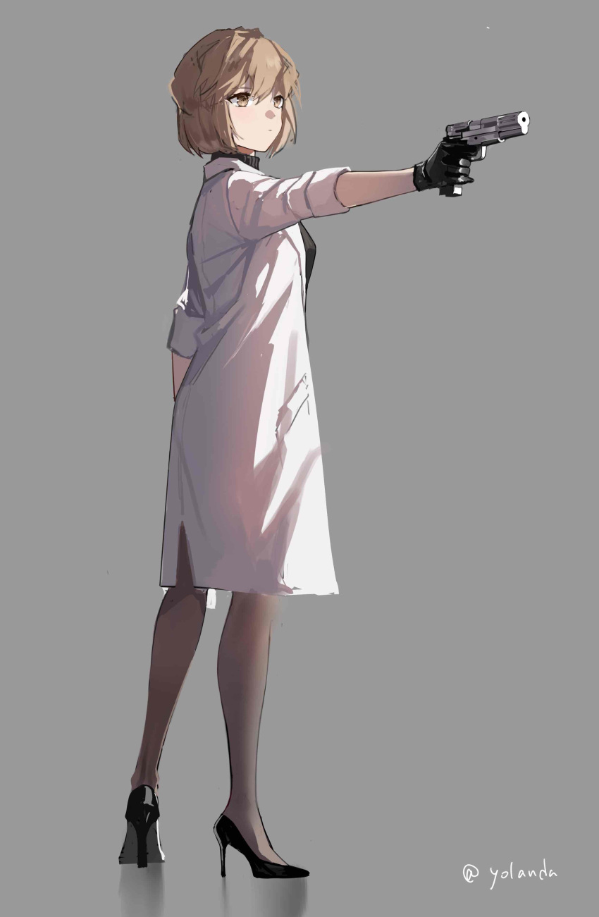 absurdres arm_at_side artist_name black_footwear black_gloves black_pantyhose black_shirt bob_cut breasts brown_eyes brown_hair brown_pantyhose female finger_on_trigger full_body gloves grey_background gun handgun high_heels highres holding holding_gun holding_weapon lab_coat looking_afar meitantei_conan miyano_shiho outstretched_arm pantyhose reflective_floor shirt short_hair simple_background sleeves_rolled_up solo standing stiletto_heels turtleneck weapon yolanda