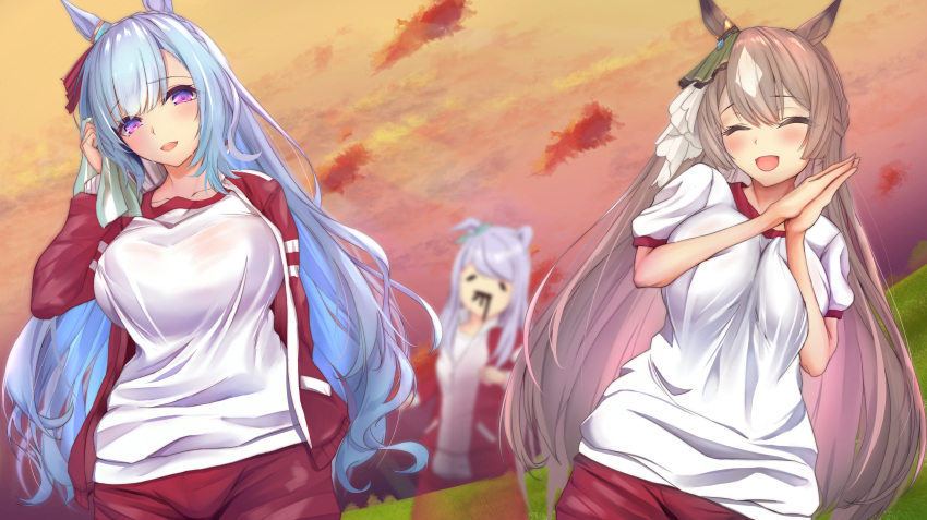 3girls absurdres animal_ears blue_hair bow breast_envy breasts brown_hair ear_ornament green_bow gym_shirt gym_shorts highres horse_ears horse_girl jacket large_breasts light_brown_hair light_purple_hair long_hair long_sleeves mejiro_ardan_(umamusume) mejiro_mcqueen_(umamusume) multicolored_hair multiple_girls purple_eyes red_jacket red_shorts satono_diamond_(umamusume) see-through shirt shorts spekkio36 towel tracen_training_uniform track_jacket two-tone_hair umamusume wiping_sweat